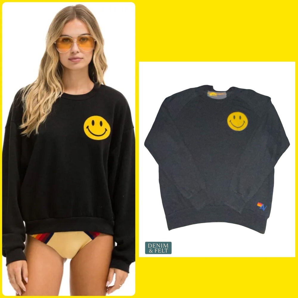 Aviator Nation Smiley 2 Relaxed Lightweight Crew Sweatshirt Black Graphic Small